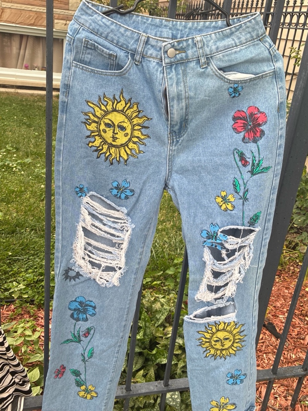 Women's Light Blue Embroidered Sun & Floral Ripped Jeans